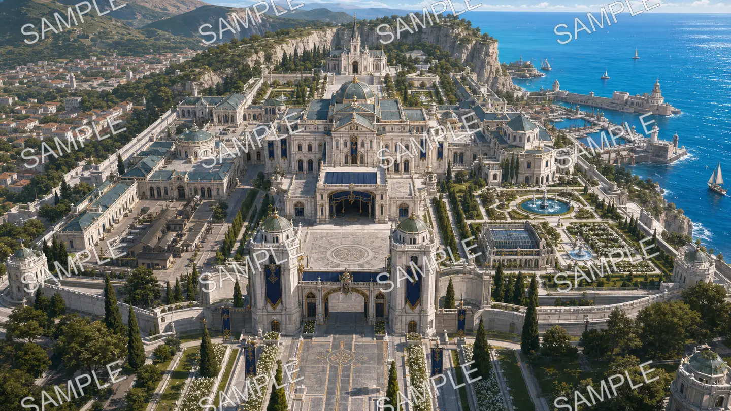 海と山に囲まれた蒼潮宮全体の斜め俯瞰MAP
