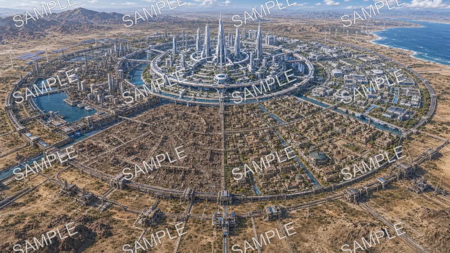 分断未来都市圏の無記名鳥瞰MAP。中央管理都市から外縁気候境界までを示す