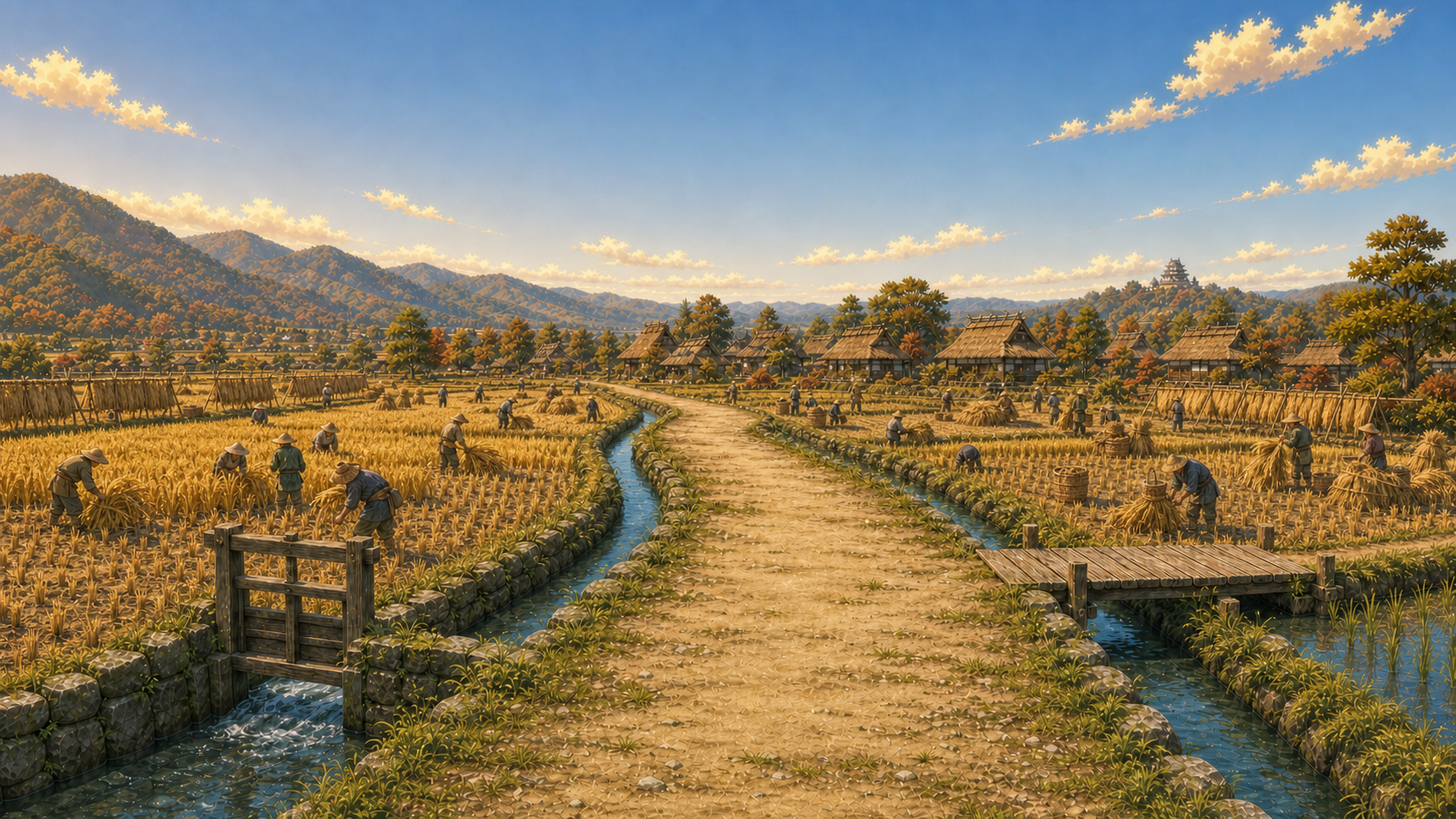 Rice Paddies Raised Path, 秋の収穫