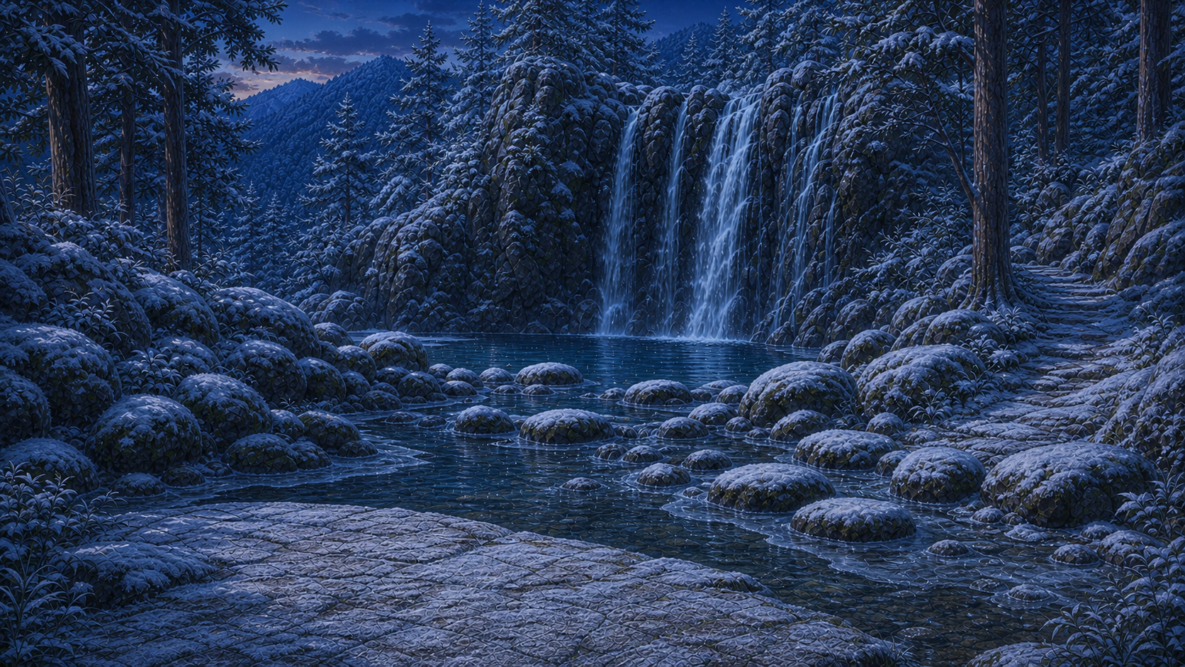 Waterfall Pool Mountain Stream, 冬の雪道